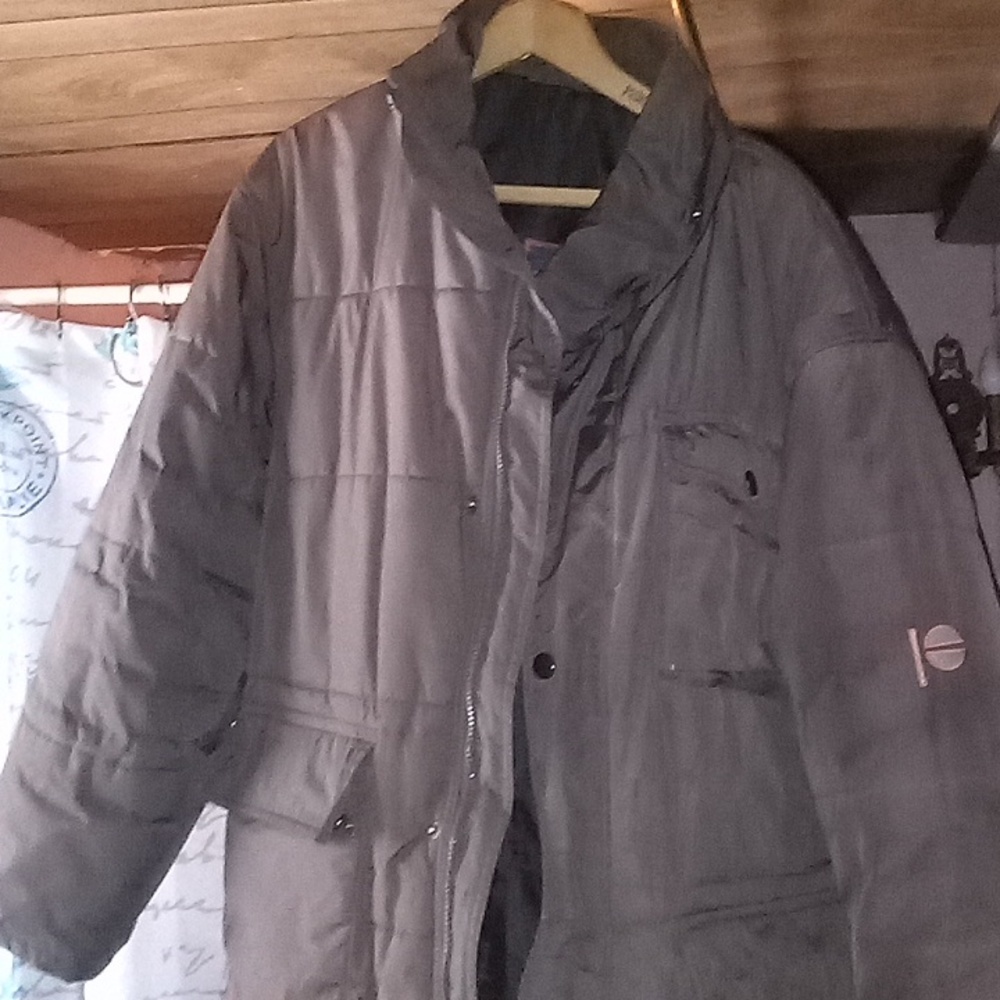 Perry Ellis Winter Large Mens Brown Puffy Puffer Coat Buttons Zipper Jacket Cold